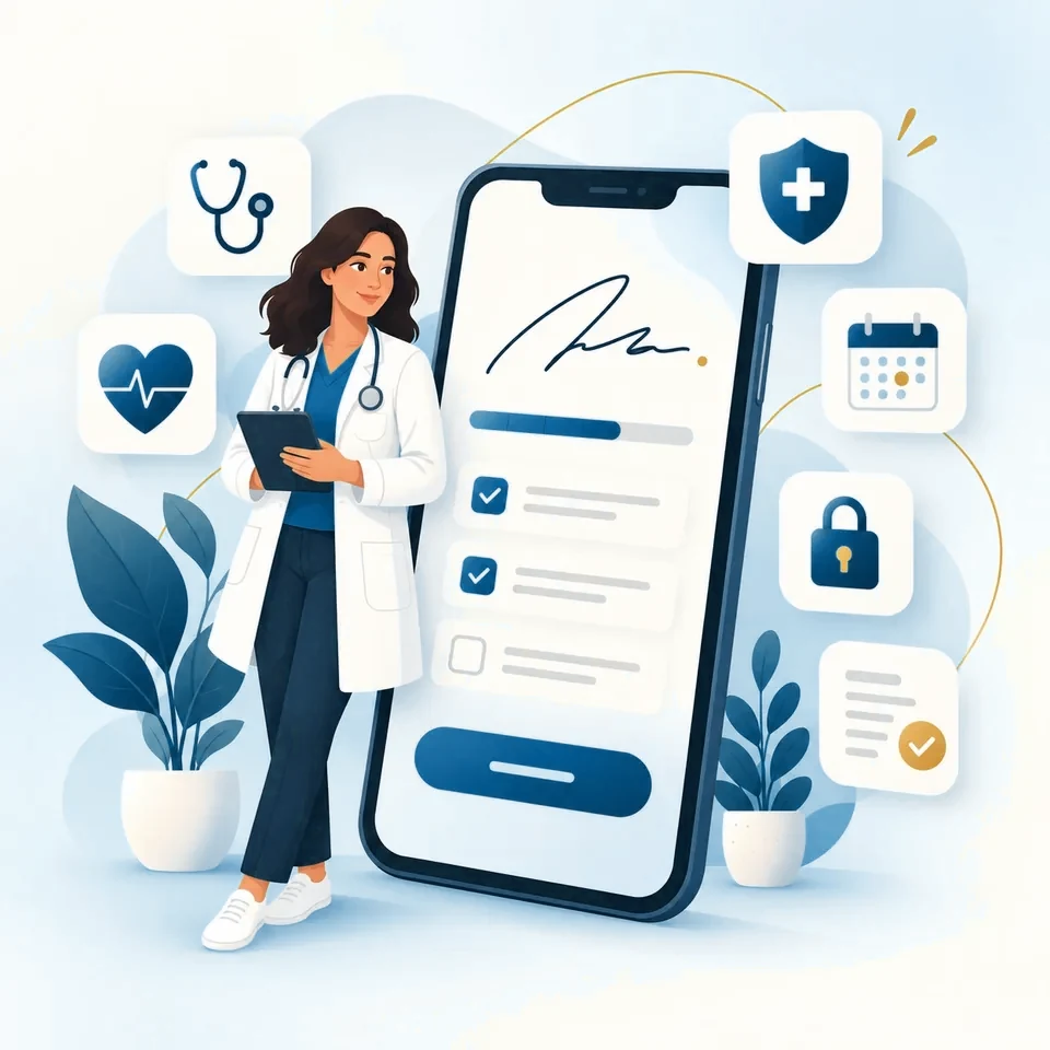 Illustration of a GMC-registered doctor beside a smartphone showing a secure online GP consultation